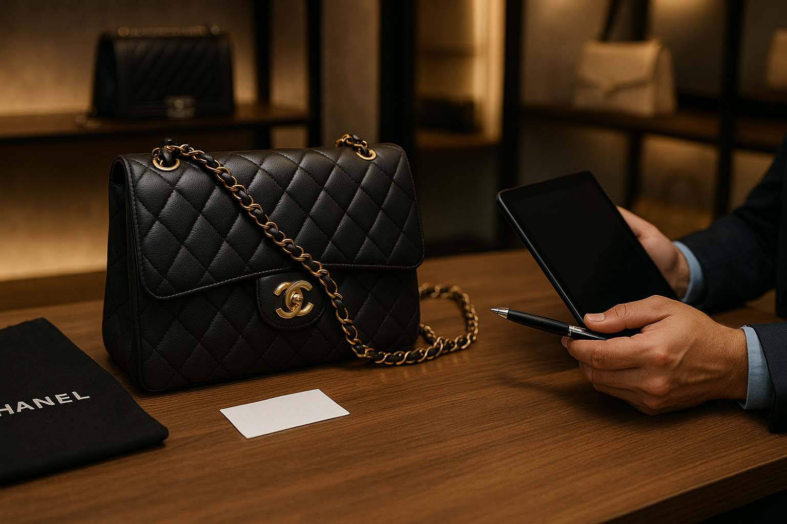 Chanel Classic Flap 香奈兒包二手收購鑑定，專員使用平板登錄估價，黑色荔枝皮搭金鍊經典款，青蘋果3C 台灣三店當場付款